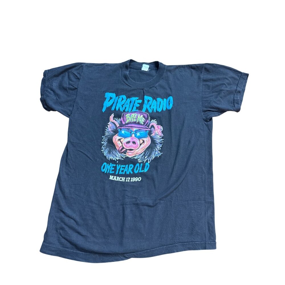 Vintage Pirate Radio 1990 "Bite Me" Graphic T-Shirt By Q-Tees Of California 100%